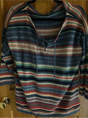 Chaps Multicolor Striped V-Neck Lace-Up Sweater 3/4 sleeves